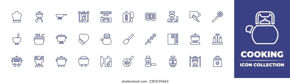 Cooking line icon collection. Editable stroke. Vector illustration. Containing kitchen pack, grill, frying pan, cooking, microwave oven, cook, cutting board, skimmer, pot, gloves, kettle, paddle.