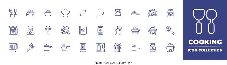 Cooking line icon collection. Editable stroke. Vector illustration. Containing spatula, burner, cooking pot, chef hat, rolling pin, oven mitt, camping gas, frying pan, cook, gas, oven, chef, skimmer.