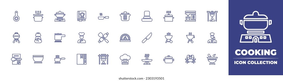 Cooking line icon collection. Editable stroke. Vector illustration. Containing pan, cooking, recipe, frying pan, rice cooker, extractor hood, pot, mixer, closed barbacue, salt, chef, stone oven.