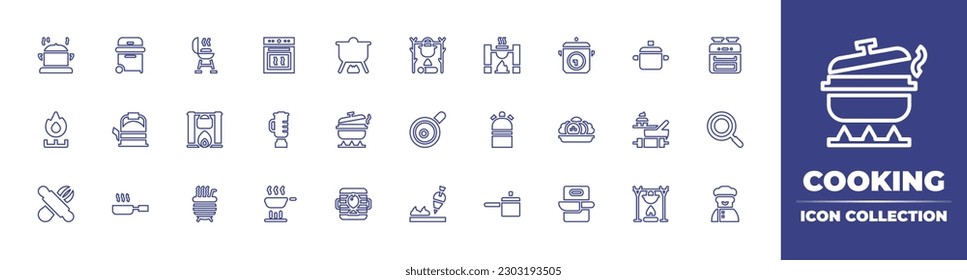 Cooking line icon collection. Editable stroke. Vector illustration. Containing cooked, grill, bbq grill, bake, cooking equipment, cooking, pot on fire, pot, oven, stove, kettle, kitchen pack, gas.