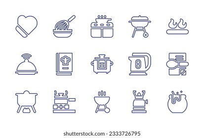 Cooking line icon collection. Editable stroke. Vector illustration. Containing gloves, baking, kitchen pack, barbacue, fire, salver, cook book, robot, electric kettle, cooking, cooking equipment, bbq.