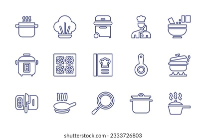 Cooking line icon collection. Editable stroke. Vector illustration. Containing pot, chef, grill, cook, cooking, rice cooker, cooking stove, recipe book, pan, frying pan, non stick.