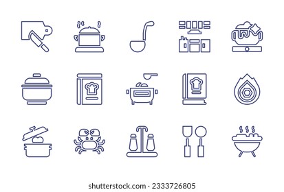 Cooking line icon collection. Editable stroke. Vector illustration. Containing cutting board, cooked, ladle, cooking, cooking pot, bowl, recipe book, pot, book, burning, crab, salt and pepper, kitchen