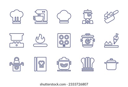 Cooking line icon collection. Editable stroke. Vector illustration. Containing chef, mixer, cook hat, cooking, fire, stove, cooking time, apron, recipe book, frying pan, pan.