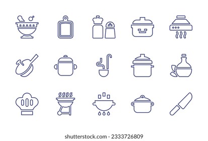 Cooking line icon collection. Editable stroke. Vector illustration. Containing mortar, cutting board, salt, boiling, extractor hood, cooking pot, pot, ladle, oil, chef hat, grill, cook, knife.