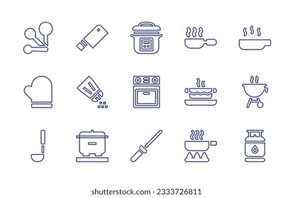 Cooking line icon collection. Editable stroke. Vector illustration. Containing measuring spoons, knife, rice cooker, pan, frying pan, gloves, salt, oven, stew, barbecue, spoon, cooking, sharpener, gas