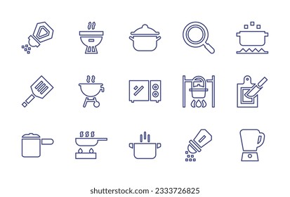 Cooking line icon collection. Editable stroke. Vector illustration. Containing salt, bbq, pan, frying pan, cooking, spatula, barbecue, microwave, pot, cutting board, cooking pot, blender.