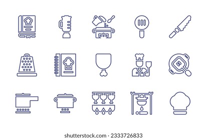 Cooking line icon collection. Editable stroke. Vector illustration. Containing recipe book, kitchen pack, cooking, skimmer, knife, cheese grater, cook book, cooked chicken, chef, kitchen, pot, chef.