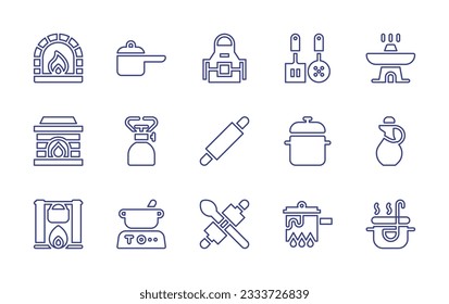 Cooking line icon collection. Editable stroke. Vector illustration. Containing cook, pot, apron, skimmers, hot pot, stone oven, camping gas, cooking, cooking pot, oil, pot on fire, food.