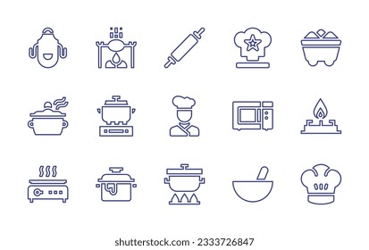 Cooking line icon collection. Editable stroke. Vector illustration. Containing kitchen pack, cooking, trophy, coal, pot, chef, microwave oven, stove.