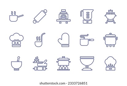 Cooking line icon collection. Editable stroke. Vector illustration. Containing kitchen pack, barbecue, blender, grill, chef hat, soup ladle, oven mitt, pot, cooking, bowl.