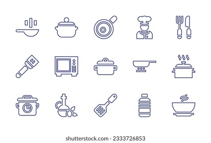 Cooking line icon collection. Editable stroke. Vector illustration. Containing frying pan, pot, cooking, cook, cutlery, microwave, time, olive oil, turner, cooking oil, soup.