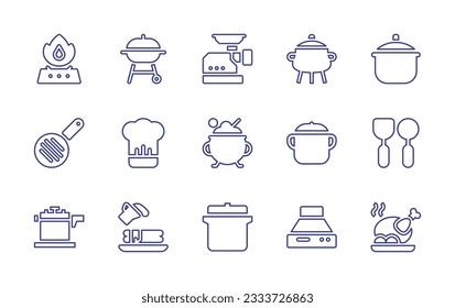 Cooking line icon collection. Editable stroke. Vector illustration. Containing gas stove, barbecue, meat grinder, cooking pot, kitchen pack, frying pan, chef hat, cauldron, pot, kitchenware, pancake.