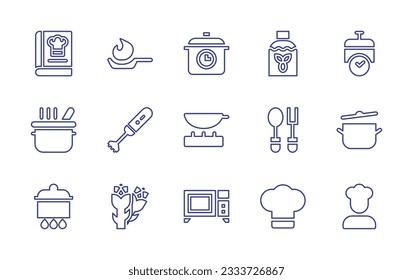 Cooking line icon collection. Editable stroke. Vector illustration. Containing cook book, pan, cooking time, olive oil, pot, kitchen pack, spoon, boiling, asparagus, microwave oven, chef hat, chef.