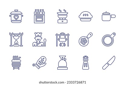 Cooking line icon collection. Editable stroke. Vector illustration. Containing cooking pot, cooking stove, apple pie, pot, cooking, cook, pot on fire, frying pan, pan, cauldron, camping, salt, kitchen
