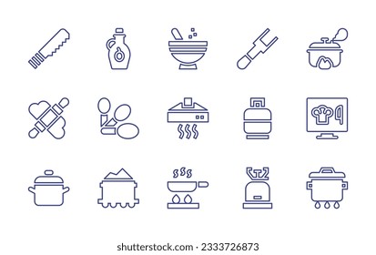 Cooking line icon collection. Editable stroke. Vector illustration. Containing knife, olive oil, cooking, fork, stew, knead, measuring spoons, extractor, gas cylinder, computer, cooking pot, coal.