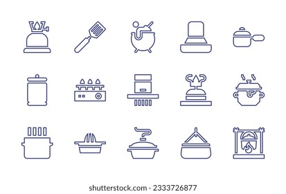 Cooking line icon collection. Editable stroke. Vector illustration. Containing gas, kitchen pack, cauldron, extractor hood, pan, food, burner, smoke extraction, cooking gas, cooking pot, squeezer.