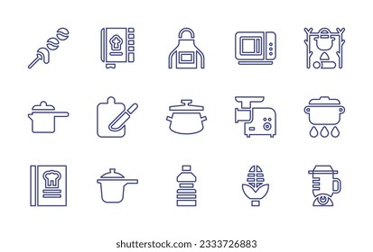Colección de iconos de línea de cocina. Trazo editable. Ilustración vectorial. Con dango, receta, delantal, microondas, cocina, ollas de cocina, tabla de cortar, cacerola, molino de carne, olla, libro de cocinar.