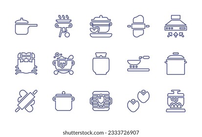 Cooking line icon collection. Editable stroke. Vector illustration. Containing cooking pot, barbecue, herbs, rolling pin, kitchen hood, crab, magic pot, gas, cook, pot, knead, pan, grilling.