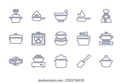 Colección de iconos de línea de cocina. Trazo editable. Ilustración vectorial. Cubierta, sartén frito, mochila de cocina, cocinero, olla de cocina, hervidor, remo.