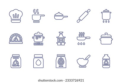 Cooking line icon collection. Editable stroke. Vector illustration. Containing chef hat, pan, roller, pot, stone oven, cooking, grill, fry, cooking pot, coal, charcoal, bowl, gas.