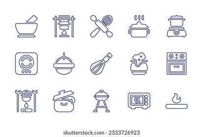 Cooking line icon collection. Editable stroke. Vector illustration. Containing mortar, cook, cooking, cooking pot, electric stove, pot, whisk, cauldron, oven, barbacue, microwave oven, fire.