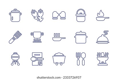 Cooking line icon collection. Editable stroke. Vector illustration. Containing pot, asparagus, mitten, pan, brush, stew, cooking pot, salver, closed barbacue, recipe, coal, fork, oven.