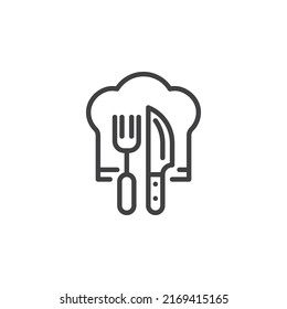 Icono de línea de cocina. signo de estilo lineal para concepto móvil y diseño web. Cocine el sombrero y la horquilla con el icono vector de contorno de cuchillo. Símbolo, ilustración del logotipo. Gráficos vectoriales