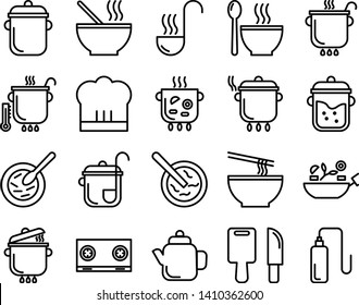 Cooking Line Icon Set. Contains Icons Such As Crockery, Pots, Dishes, Soups, Lunches And More.