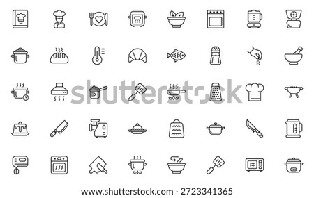 Cooking line icon set.  Frying pan and Kitchen utensils. Fork, spoon and knife line icons. Recipe book, chef hat and cutting board. Thin outline icons pack. Vector illustration