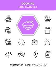 Cooking line icon set. Set of line icons on white background. Kitchenware concept. Knife, frying pan, stewing.  Vector illustration can be used for topics like cooking, food, kitchen