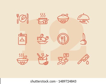 Cooking line icon set. Set of line icons on white background. Food concept. Plate, knife, chicken. Vector illustration can be used for topics like kitchen, food, cooking