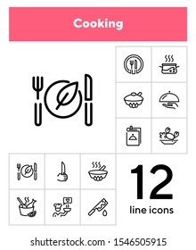 Cooking line icon set. Set of line icons on white background. Food concept. Plate, knife, chicken. Vector illustration can be used for topics like kitchen, food, cooking