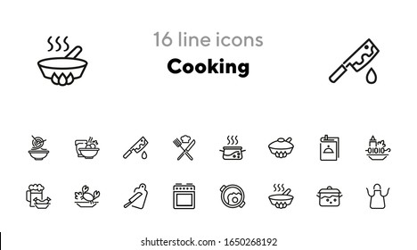 Cooking line icon set. Set of line icons on white background. Kitchenware concept. Knife, frying pan, stewing. Vector illustration can be used for topics like cooking, food, kitchen