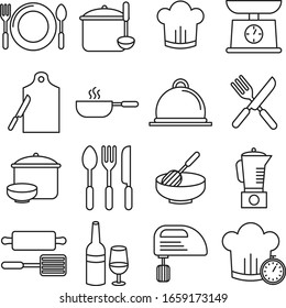 Cooking line icon set. Set of line icons on white background. Kitchenware concept. Knife, frying pan, stewing. Vector illustration can be used for topics like cooking, food, kitchen. Editable Stroke