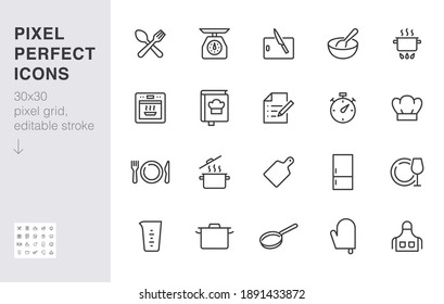 Cooking line icon set. Kitchen tools - pan, pot, dinner utensil, cookbook, chef hat minimal vector illustration. Simple outline sign of food recipe instruction. 30x30 Pixel Perfect, Editable Stroke.