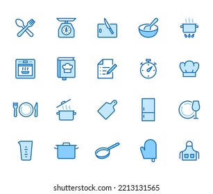 Cooking line icon set. Kitchen tools - pan, pot, dinner utensil, cookbook, chef hat minimal vector illustration. Simple outline sign for food recipe instruction. Blue Color, Editable Stroke