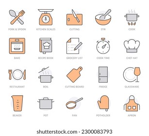 Juego de iconos de línea de cocina. Herramientas de cocina - sartén, olla, utensilios para la cena, libro de cocina, sombrero de chef con mínima ilustración vectorial. Simple señal de contorno de la instrucción de la receta alimentaria. Color naranja. Stroke Editable