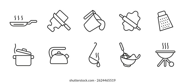 Cooking line icon set. Kitchen utensil and food preparation outline vector illustration. Frying pan, pot, whisk, grater, ladle and barbecue symbols. Culinary tools for meal and dish creation.
