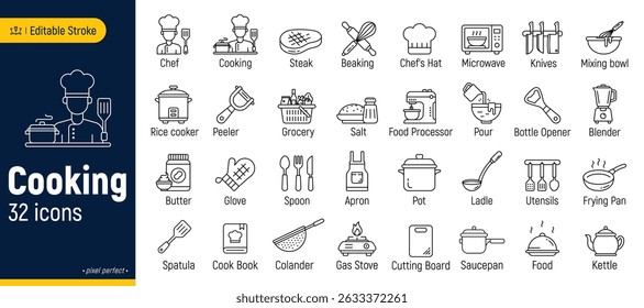 Cooking line icon set, kitchen utensils icon, editable stroke, pixel perfect, isolated on a white background