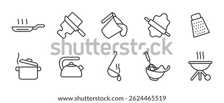 Cooking line icon set. Kitchen utensil and food preparation outline vector illustration. Frying pan, pot, whisk, grater, ladle and barbecue symbols. Culinary tools for meal and dish creation.