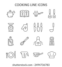 Cooking line icon set. Vector collection with pan, scales, cookbook, dish, knife, cutting board, potholder, toque.