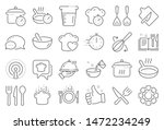 Cooking line icons. Boiling time, Frying pan and Kitchen utensils. Fork, spoon and knife line icons. Recipe book, chef hat and cutting board. Cooking book, frying time, hot pan. Line signs set. Vector