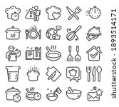 Cooking line icons. Boiling time, Frying pan and Kitchen utensils. Fork, spoon and knife line icons. Recipe book, chef hat and cutting board. Cooking book, frying time, hot pan. Line icon set. Vector