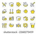 Cooking line icons. Boiling time, Frying pan and Kitchen utensils. Fork, spoon and knife line icons. Recipe book, chef hat and cutting board. Cooking book, frying time, hot pan. Vector