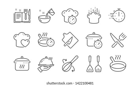 Cooking line icons. Boiling time, Frying pan and Kitchen utensils. Fork, spoon and knife line icons. Recipe book, chef hat and cutting board. Linear set. Vector