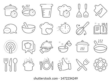 Cooking line icons. Boiling time, Frying pan and Kitchen utensils. Fork, spoon and knife line icons. Recipe book, chef hat and cutting board. Cooking book, frying time, hot pan. Line signs set. Vector