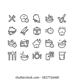 Cooking line icons. Boiling time, Frying pan and Kitchen utensils. Fork, spoon and knife line icons. Recipe book, chef hat , cooking app, timer and more
