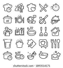 Cooking line icons. Boiling time, Frying pan and Kitchen utensils. Fork, spoon and knife line icons. Recipe book, chef hat and cutting board. Cooking book, frying time, hot pan. Line icon set. Vector