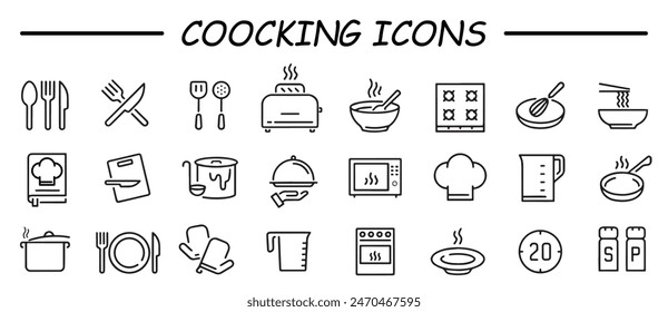 Cooking line icons. Boiling time, Frying pan and Kitchen utensils. Fork, spoon and knife line icons. Recipe book, chef hat and cutting board. Cooking book, frying time, hot pan. Vector